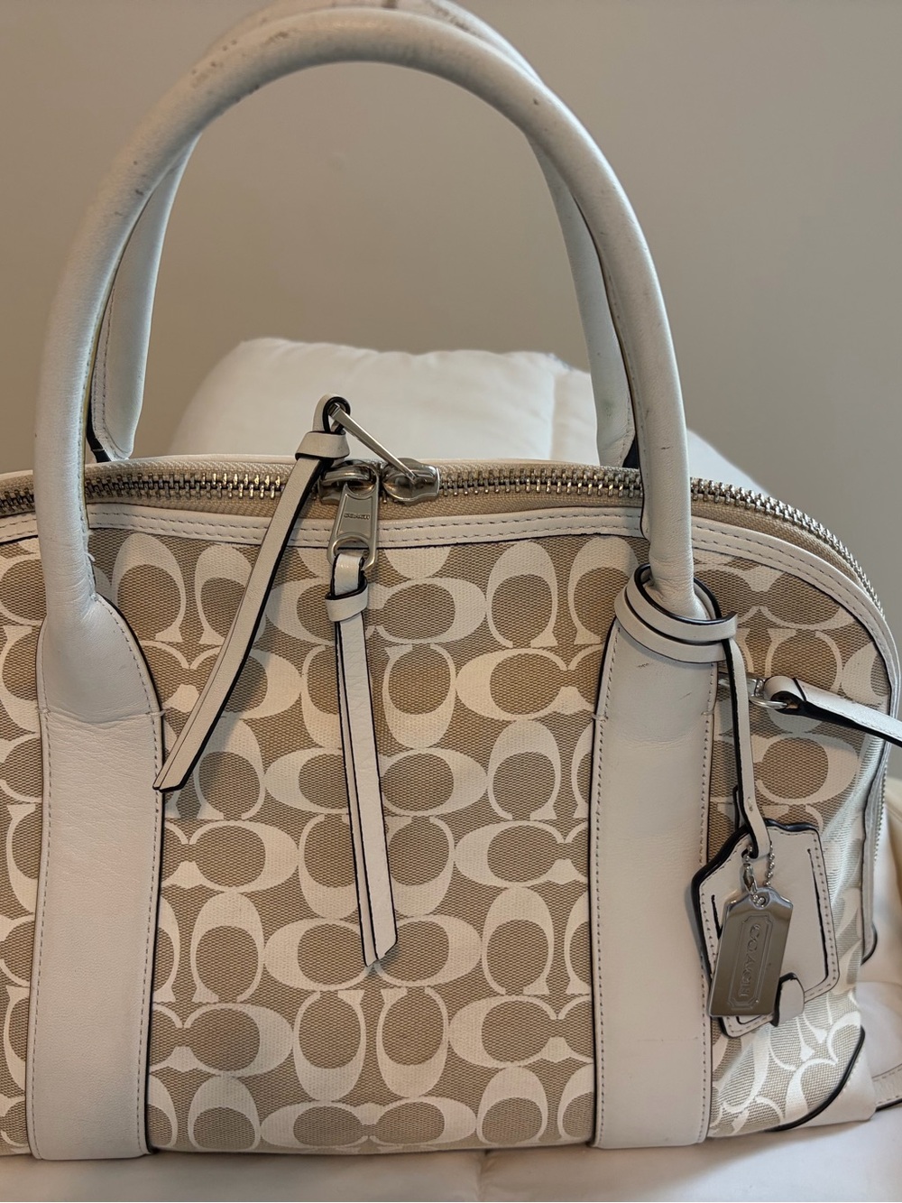 Coach Signature Canvas Satchel in Beige with White Trim
